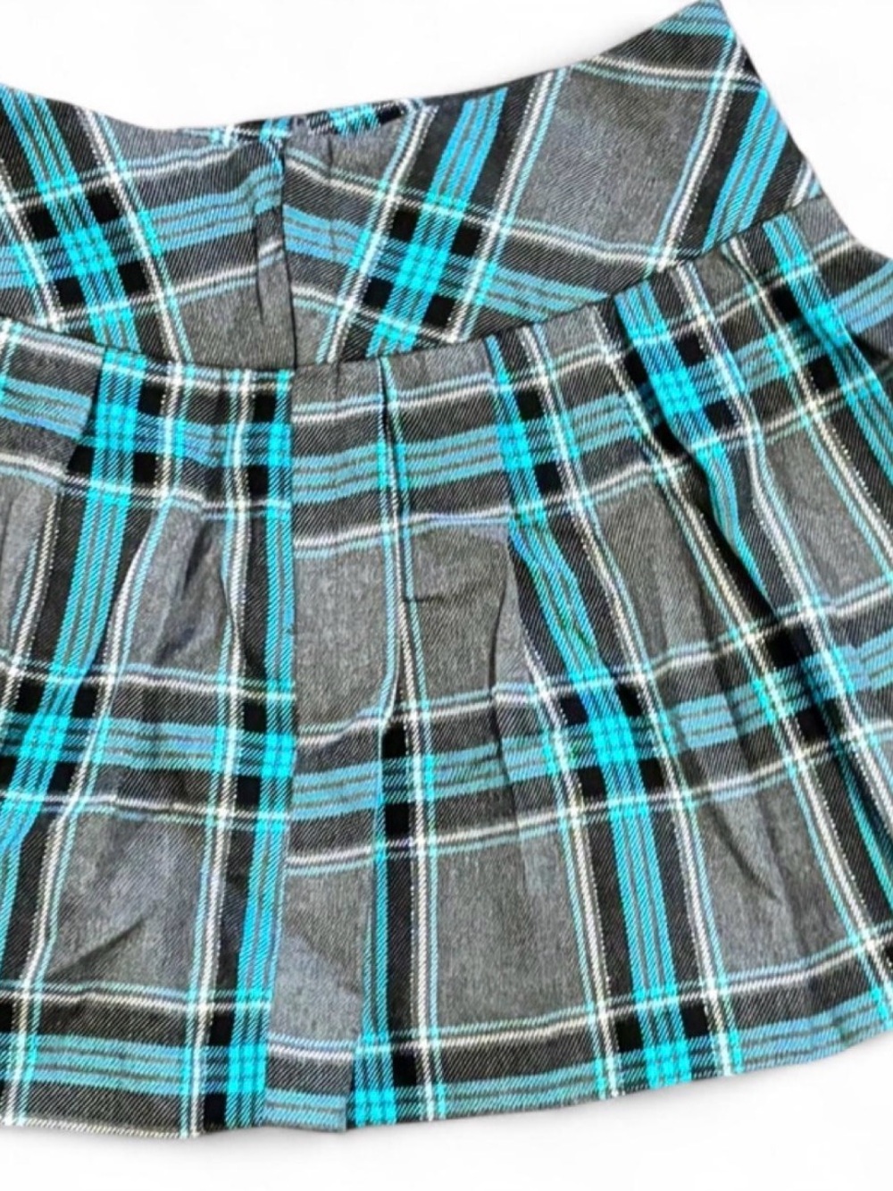 Y2K Style Blue & Gray Plaid Pleated Mini Skirt - Kids Size 7